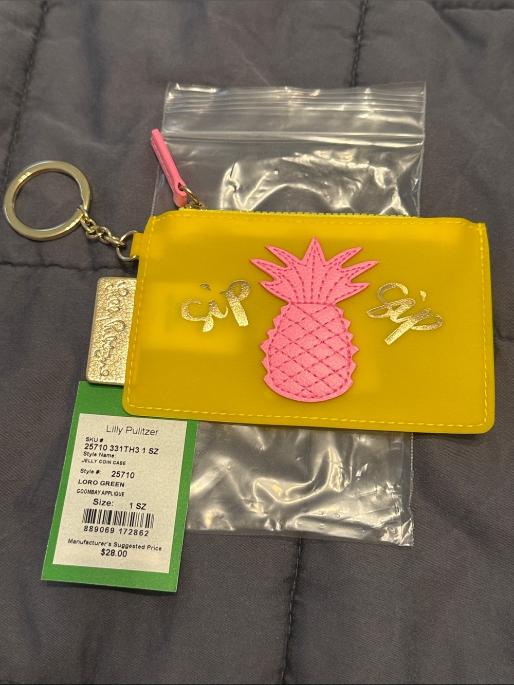 Lilly Pulitzer Yellow Card Holder with Pink Pineapple Applique & Key Ring